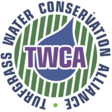 Turfgrass water conservation alliance logo, shows a blue water drop over a green background with the organization name written around it in a circle. 